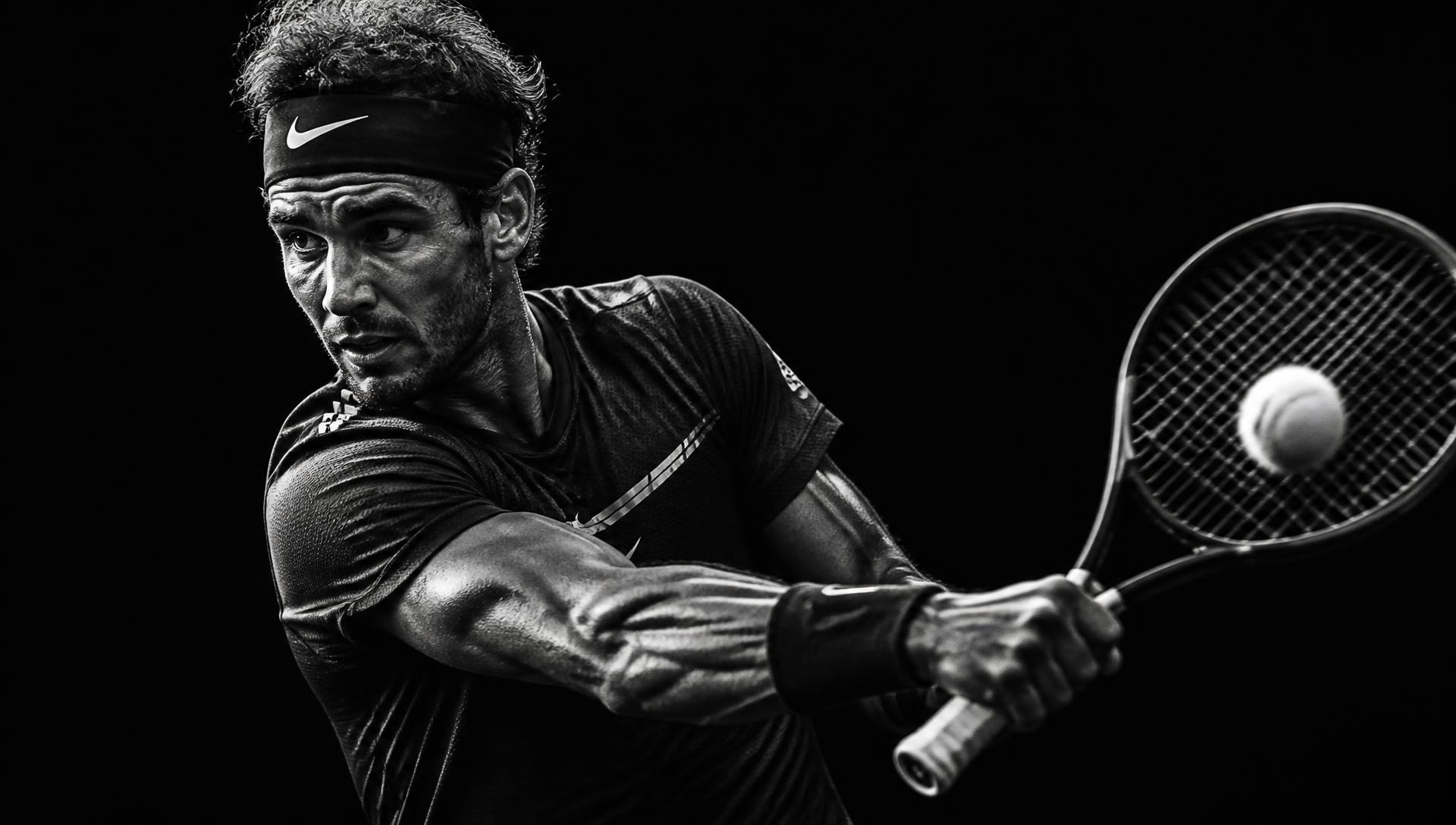 Giocatore di tennis in rovescio, fotografia in bianco e nero
